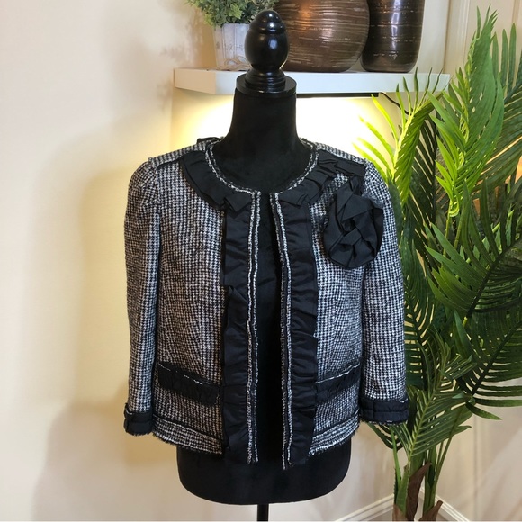 Ann Taylor Virgin Wool Blend Tweed Black White Gray Blazer Jacket w/ Floral 8 - Picture 4 of 11